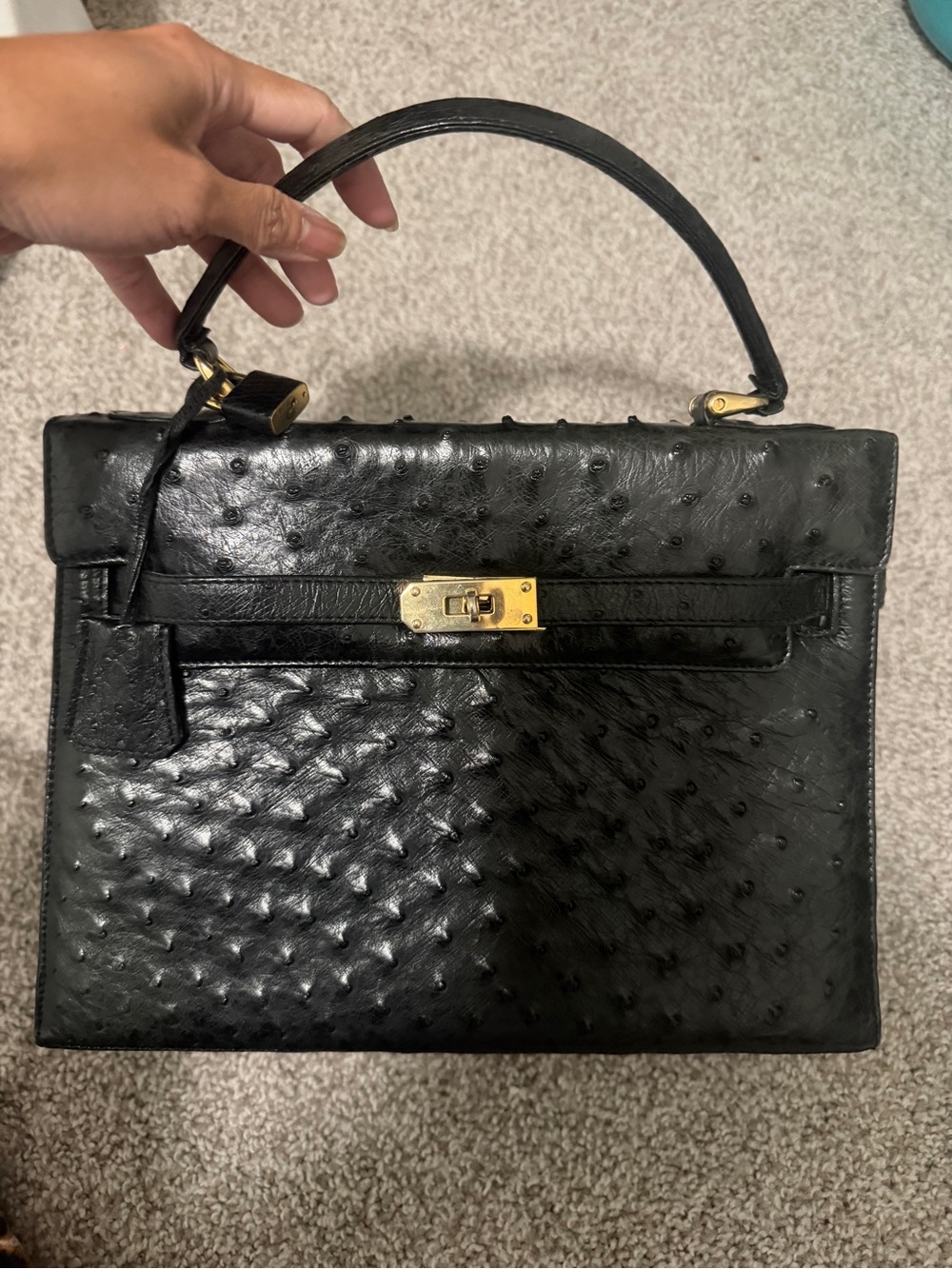 Genuine Black Ostrich-Texture Leather Top-Handle Bag “Kellybag”